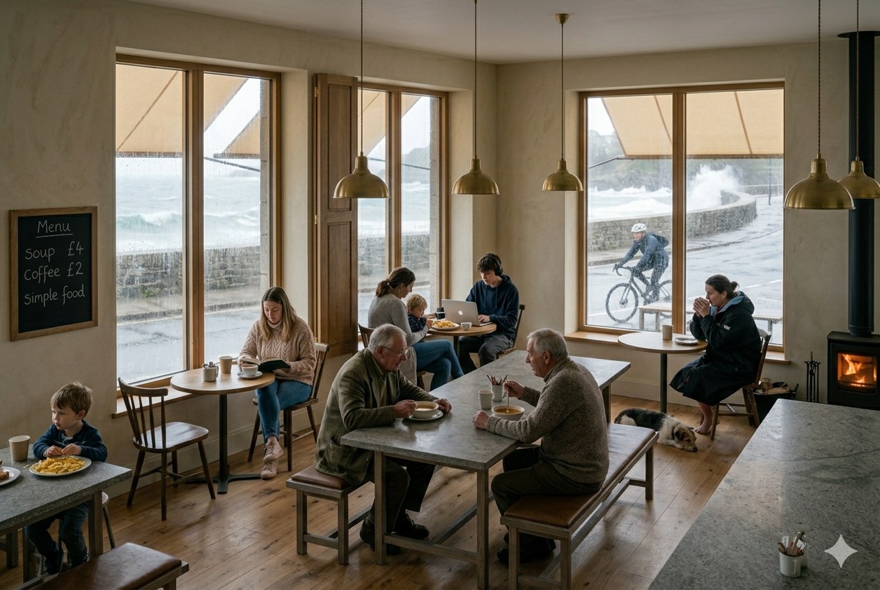 The Half Moon café interior on a stormy winter afternoon — stove glowing in the corner, multigenerational mix of customers including a small child eating chips, two older men over soup, a woman reading, a young mother with a toddler, a teenager on a laptop, a sea swimmer in a dryrobe warming her hands, and a cyclist sheltering outside under the awning